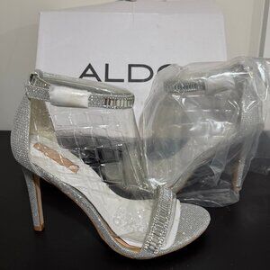 NEW ALDO Silver Ankle Strap Sparkly High Heel Sandal SZ 6.5